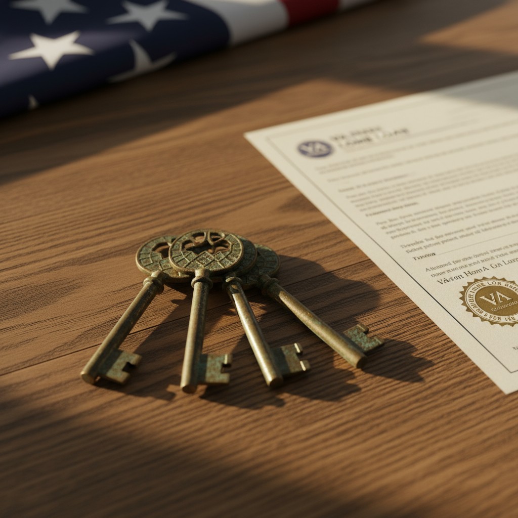 An image of four keys laying on a wood table. A certificate resembling a golden award seal and an American flag (only the ...